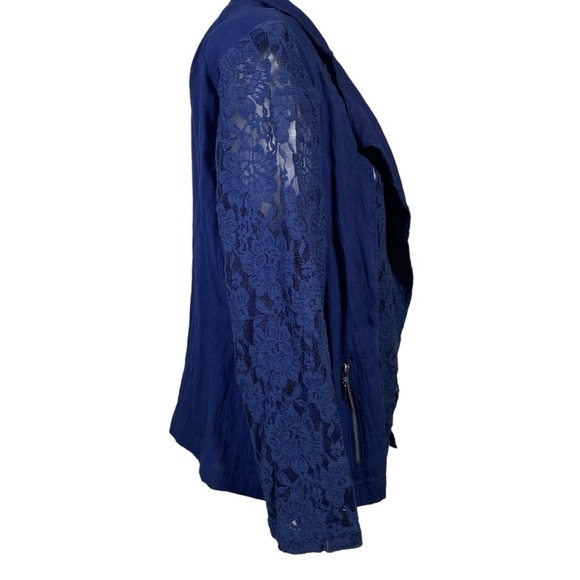 Chicos women's 2 (12) Blue Lace panels trim open front effortless Jacket Blazer - Picture 2 of 10